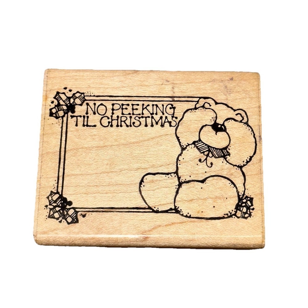 Vintage 90's D.O.T.S. Wood Mounted Rubber Stamp N106 No Peeking Bear‎ Christmas